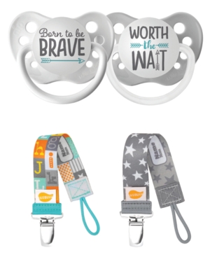 Ulubulu Dream Collection Born Brave and Worth Wait Pacifiers with Stardust and Block Letters Pacifier Clip Bundle