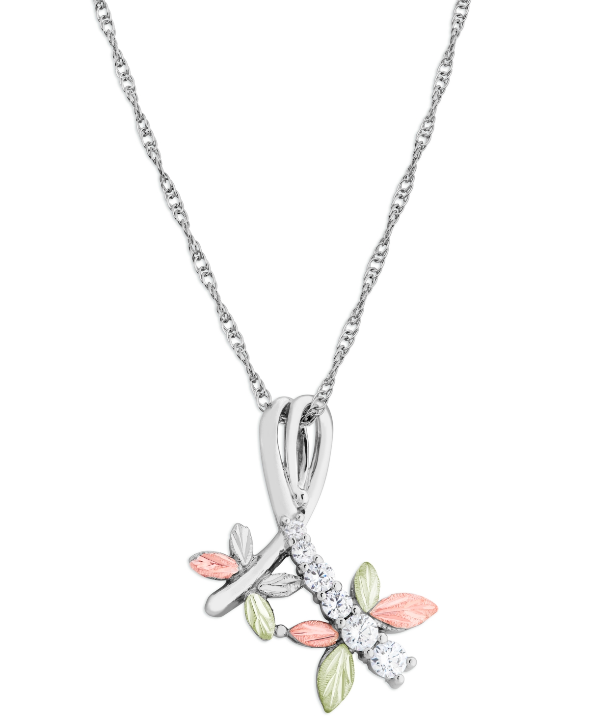 Cubic Zirconia Dragonfly Pendant 18" Necklace in Sterling Silver with 12K Rose and Green Gold - Silver