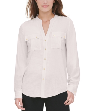 Shop Calvin Klein Textured Roll Tab Button Down Shirt In Blush