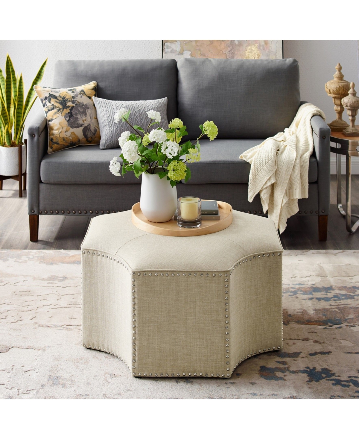 Nicole Miller Fiorella Upholstered Octagon Cocktail Ottoman with Nailhead Trim