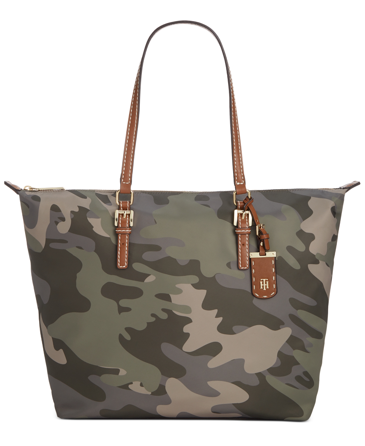 Tommy Hilfiger Julia Camo Zippered Tote In Green,gold