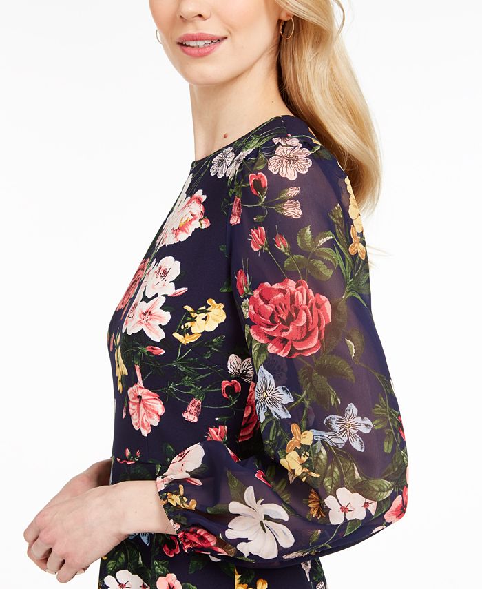 Vince Camuto Womens Belted Floral Print Fit Flare Dress Blue Size 14 main image 1