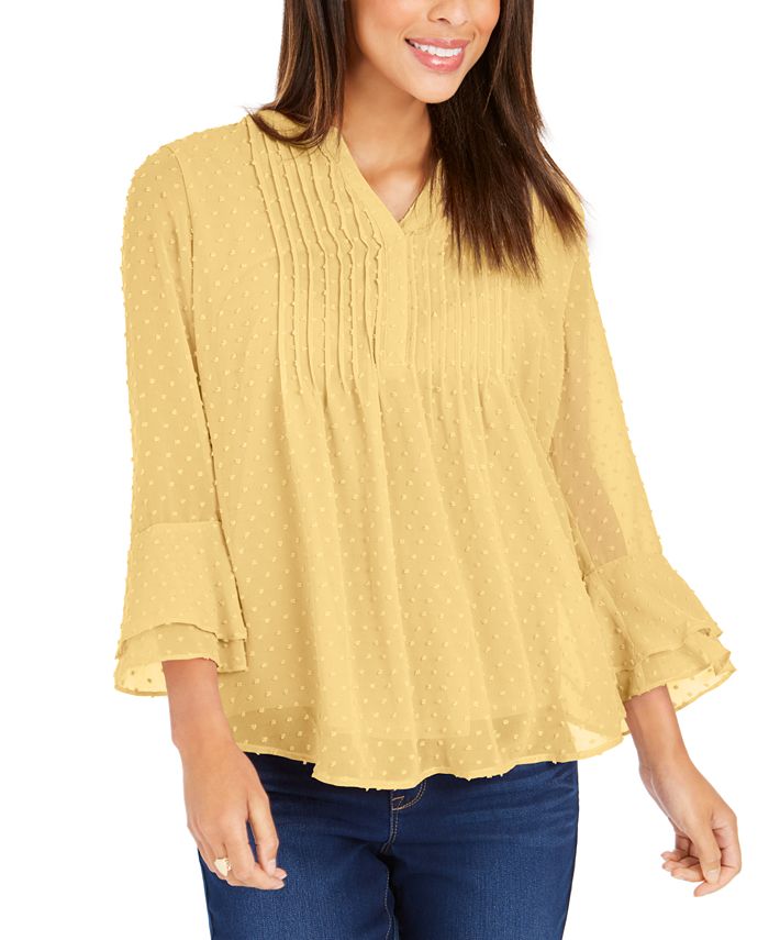 Charter Club Womens Double Ruffle Textured Pintuck Top Black Size Petite Small