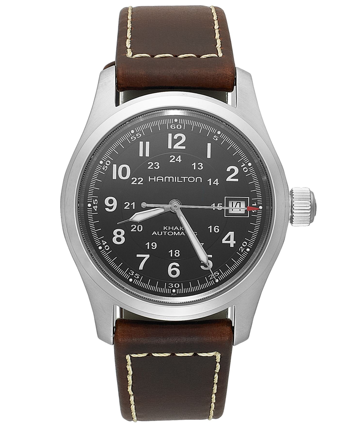 Мужские часы Hamilton Swiss Automatic Khaki Field Brown Leather Strap Watch 38mm H70455533 — фото 1