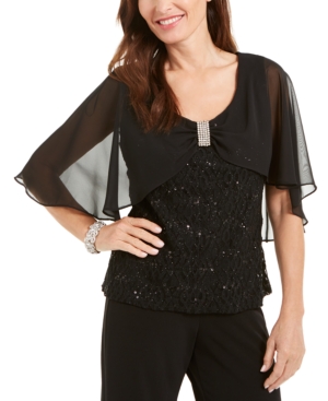 image of R & M Richards Sequin & Lace Bow-Detail Top