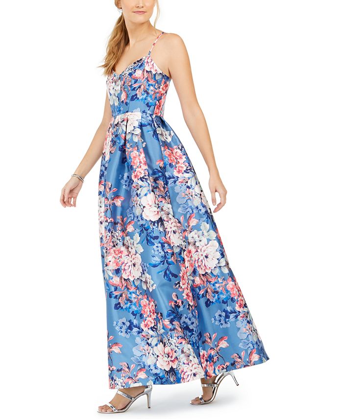 Eliza J Crisscross-Back Floral-Print Gown - Macy's