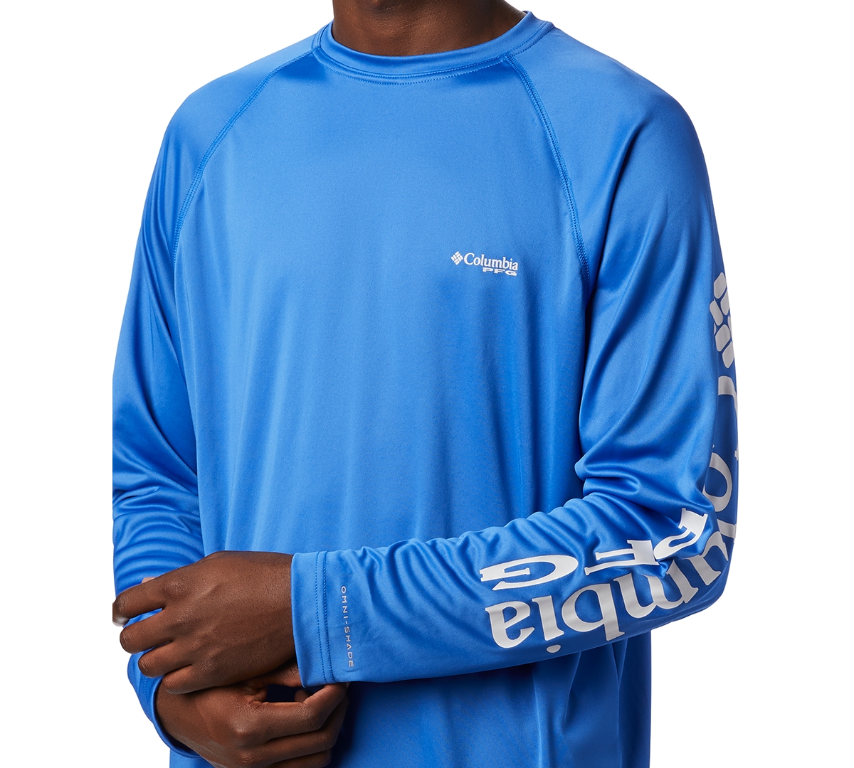 Shop Columbia Pfg Men's Terminal Tackle Upf 50 Quick Dry Shirt In Vivid Blue,cool Gray Logo