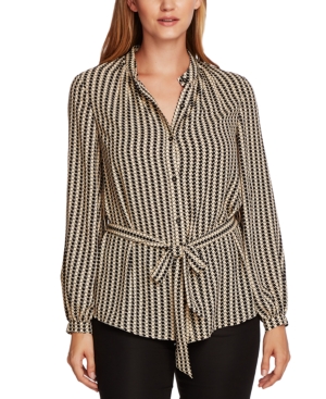VINCE CAMUTO GEO-PRINT BUTTON-DOWN BELTED TUNIC TOP