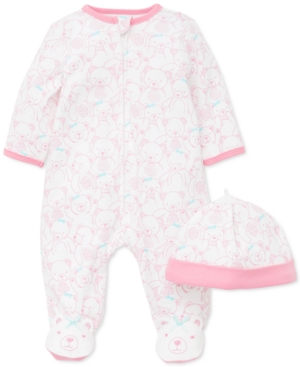 Little Me Baby Girls 2-Pc Cotton Teddy-Print Hat & Footed Coverall