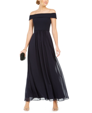 Shop Adrianna Papell Off-the-shoulder Chiffon Gown In Midnight Navy Blue