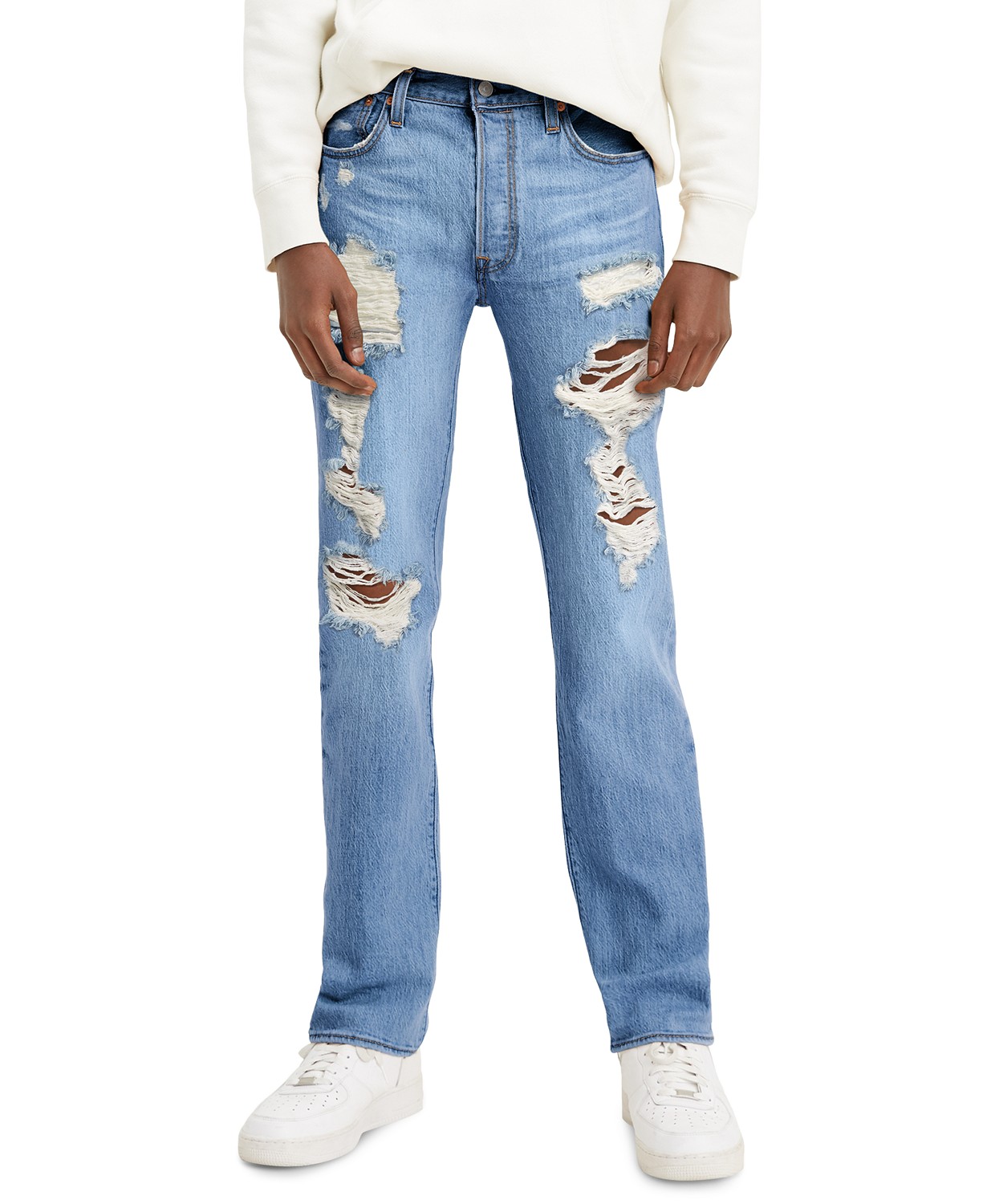 Mens 501 Original-Fit Button Fly Ripped Jeans