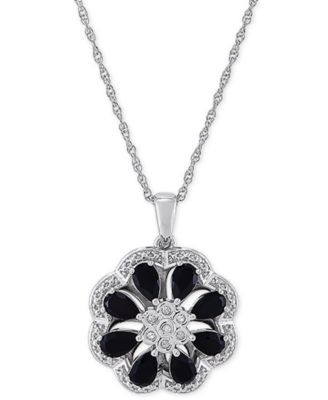 Macy's - Onyx & Diamond (1/20 ct. t.w.) Floral Disc 18" Pendant Necklace in Sterling Silver