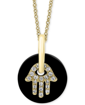 image of Effy Onyx & Diamond (1/10 ct. t.w.) Hamsa Hand Disc 18