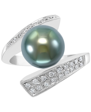image of Effy Cultured Black Tahitian Pearl (10mm) & Diamond (1/4 ct. t.w.) Statement Ring in 14k White Gold