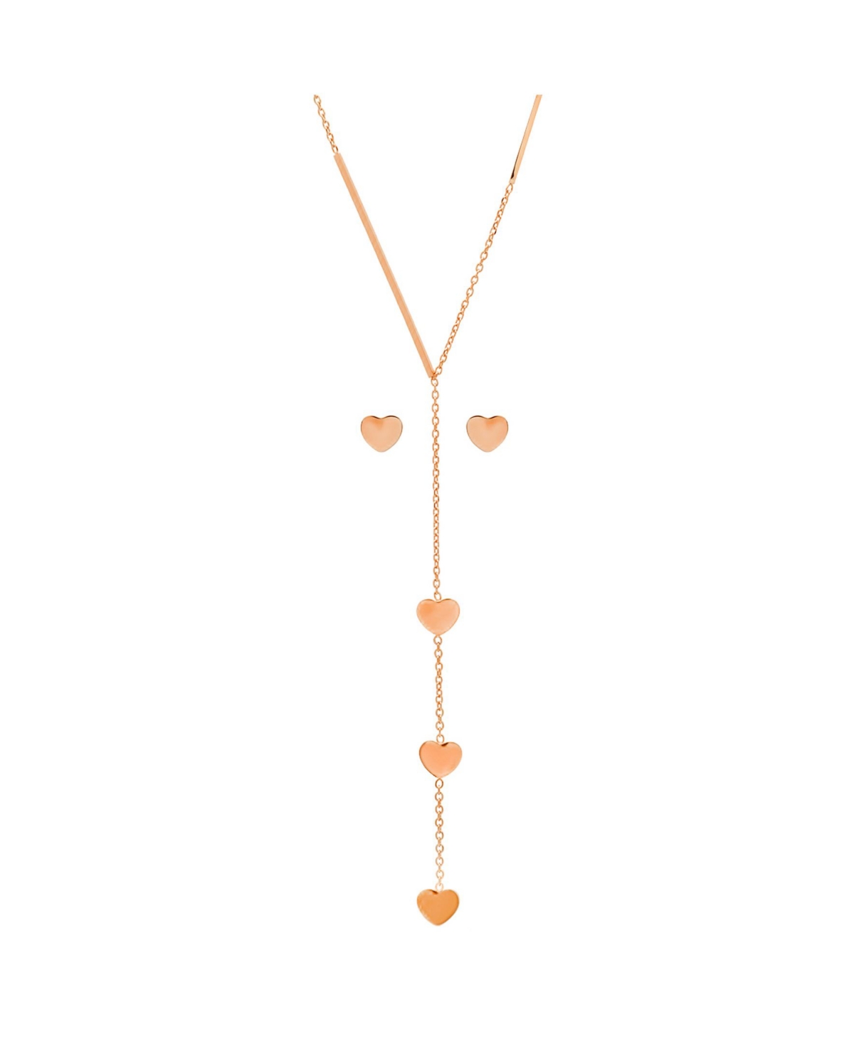 Ladies 18K Rose Gold Plated Stainless Steel Heart Design Drop Necklace Set, 2 Piece - Rose Gold-Plated