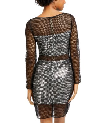SHO Mesh-Overlay Metallic Bodycon Dress