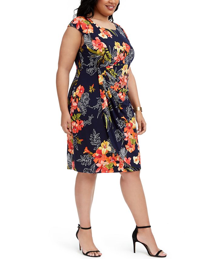 Connected Plus Size Tropical-Print Side-Ruched Sheath Dress - Macy's