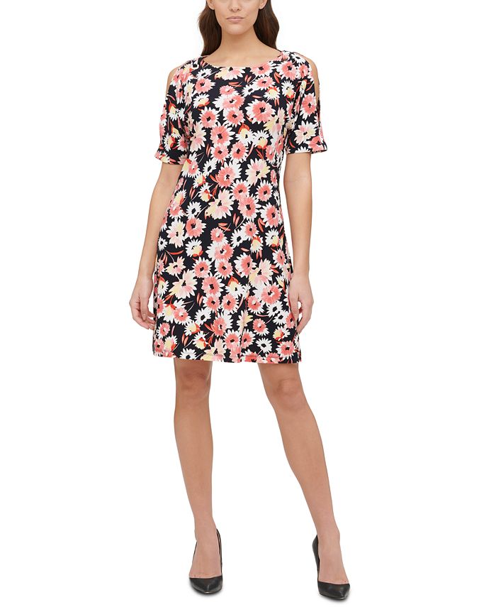 Tommy Hilfiger Petite Dhalia Floral-Print Cold-Shoulder Dress - Macy's
