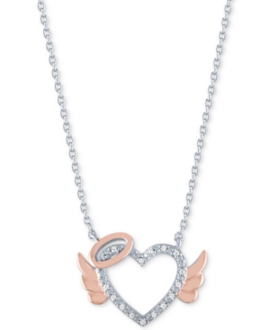 Macy's Diamond Accent Angel Heart Pendant Necklace In Sterling Silver & 14k Rose Gold-plate, 16" + 2" Exten