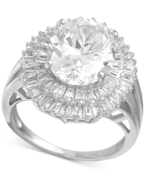 image of Cubic Zirconia Baguette Halo Statement Ring in Sterling Silver or 18K Gold over Silver