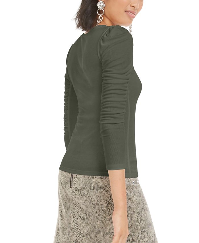 Bar III Ruched Puffed-Shoulder 3/4 Sleeve T-Shirt, Created for Macy's ...