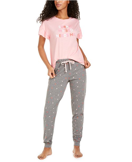 Jenni Ruffle Sleeve Sleep Shirt And Printed Jogger Pajama Pants