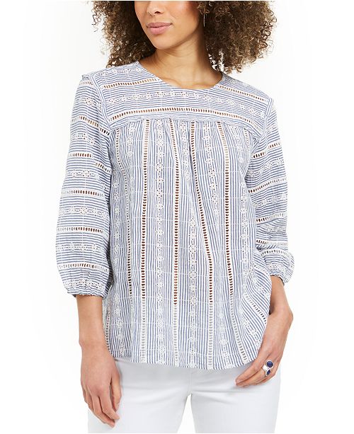 Style & Co Striped Eyelet 3/4Sleeve Top, Created for Macy's & Reviews Tops Women Macy's