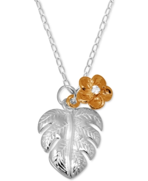 image of Kona Bay Palm Frond & Crystal Accent Flower Pendant Necklace in Fine Silver-Plate & Rose Gold-Plate, 16