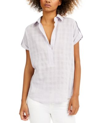 Michael Kors - Petite Cotton Plaid Roll-Tab Popover Top