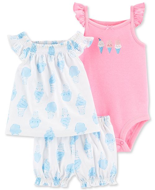 Carter S Baby Girls 3 Pc Ice Cream Cotton Bodysuit Shirt Shorts