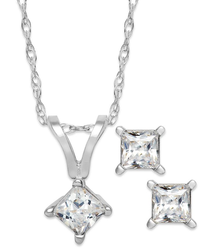 Macy's - Princess-Cut Diamond Pendant Necklace and Earrings Set in 10k White Gold (1/10 ct. t.w.)