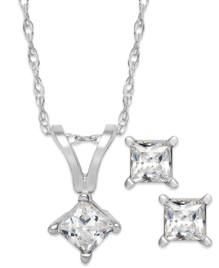 Princess-Cut Diamond Pendant Necklace and Earrings Set in 10k White Gold — 10 count