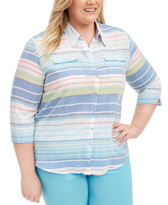 Alfred Dunner Plus Size Sea You There Striped Button-Front Top ...