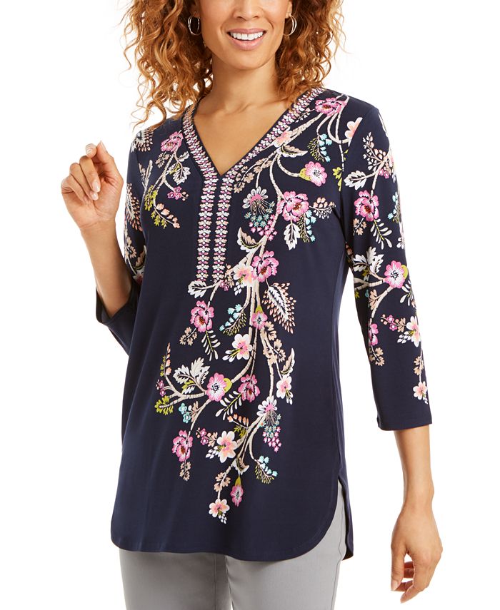 JM Collection Petite Studded Floral-Print Tunic, Created for Macy's ...