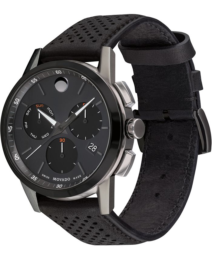 Movado Men's Swiss Chronograph Museum Sport Black Leather Strap Watch
