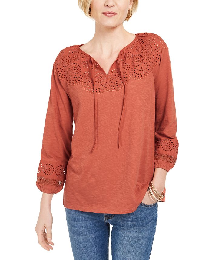 Style & Co Cotton Eyelet Peasant Top, Created for Macy's Macy's