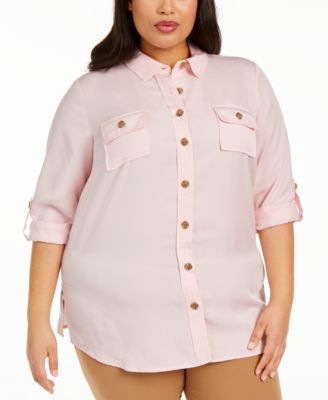 Charter Club - Plus Size Button-Front Roll-Tab-Sleeve Top