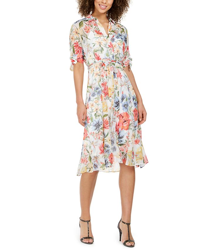 Calvin Klein Floral-Print Midi Shirt Dress - Macy's
