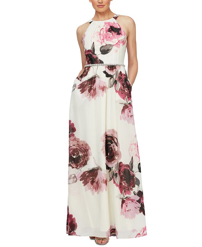 SL Fashions Petite Floral-Print Embellished-Waist Maxi Dress - Macy's