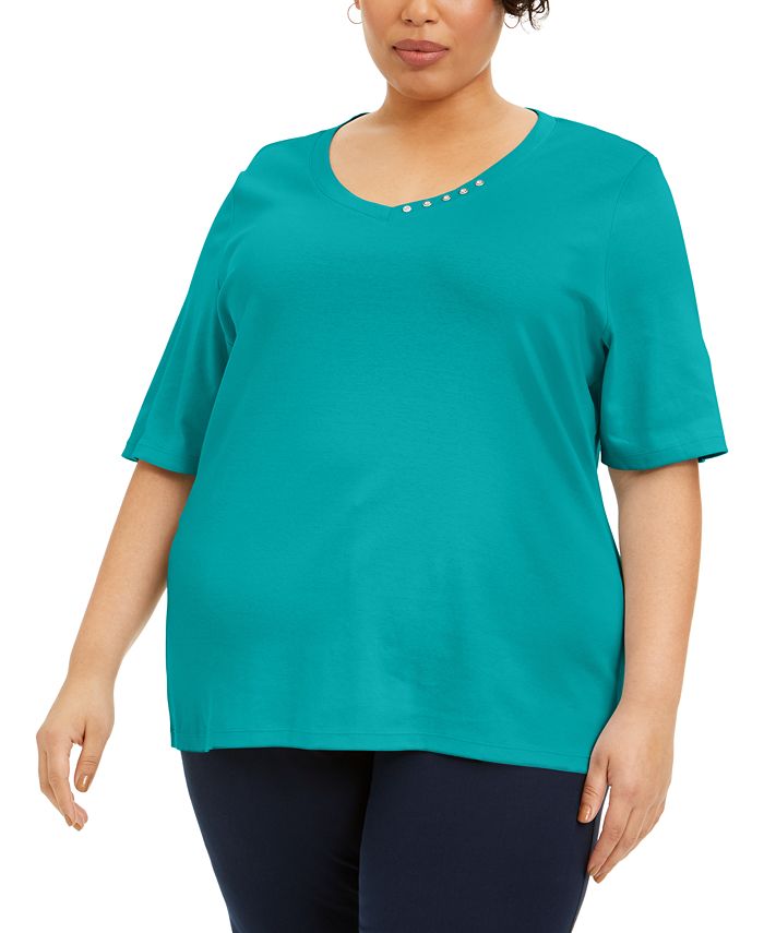 Karen Scott Plus Size Cotton V-Neck Top, Created for Macy's & Reviews ...