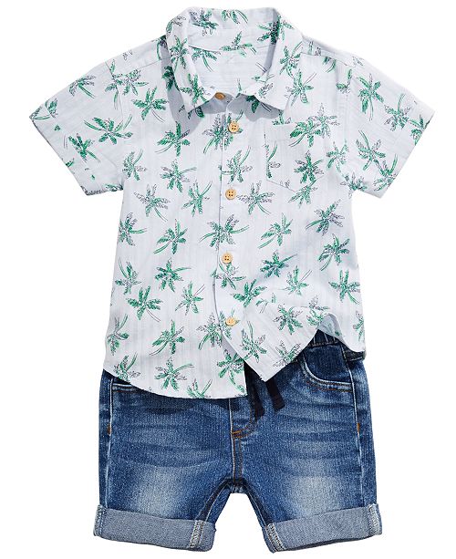 First Impressions Baby Boys Palm Tree Shirt Denim Shorts
