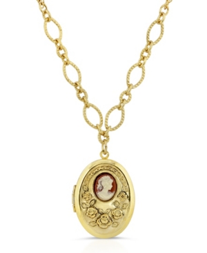 image of 2028 Carnelian Cameo with Flowers Oval Locket Necklace