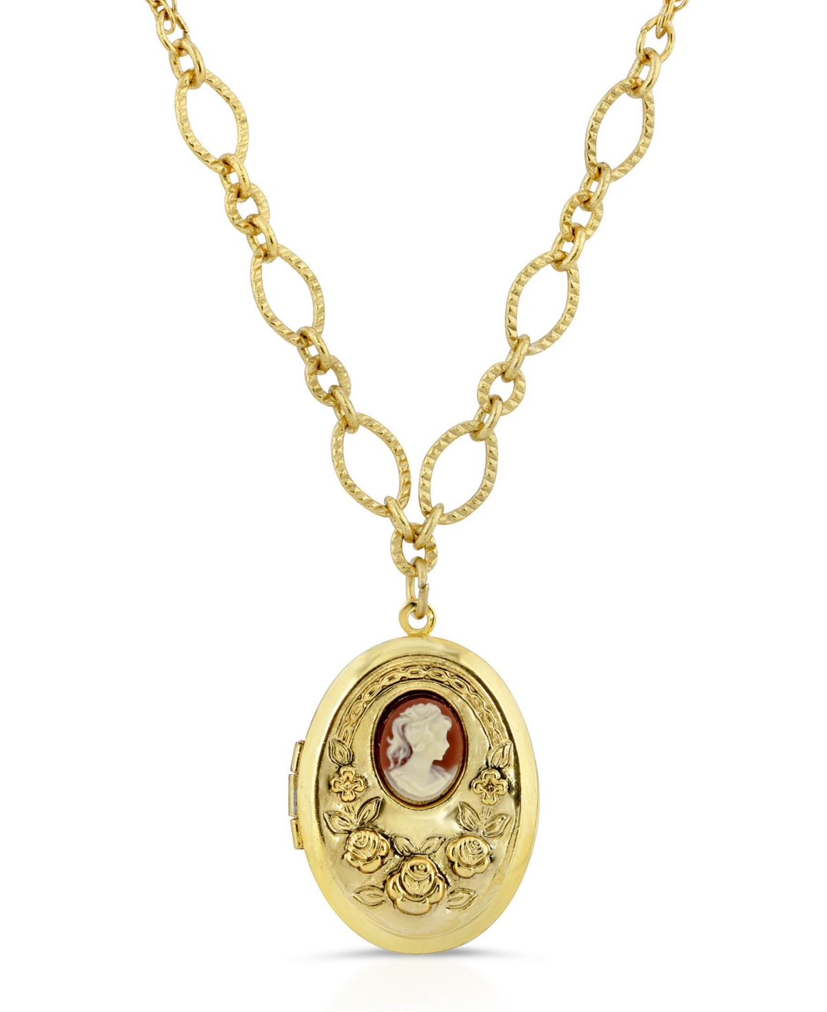 2028 Carnelian Cameo With Flowers Oval Locket Necklace In Red