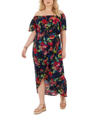 Band of Gypsies - Trendy Plus Size Off-The-Shoulder Floral-Print High-Low Dress