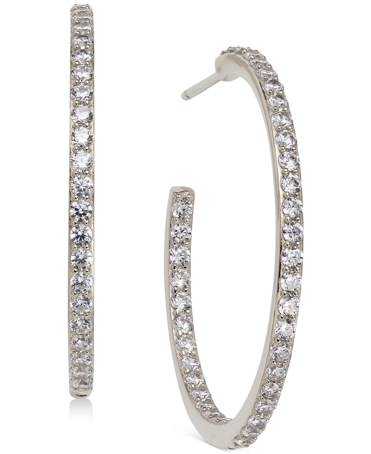 Medium Cubic Zirconia In & Out Hoop Earrings, 1.125" - Silver