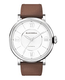 White Dial with Silver Tone Steel and Brown Leather Watch 44 mm