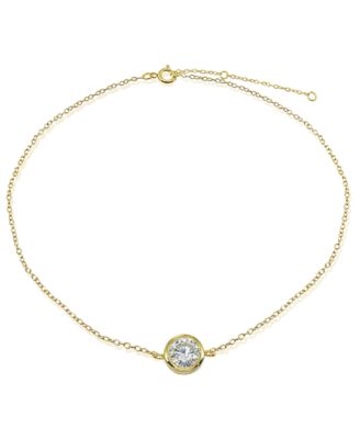 Cubic Zirconia Round Bezel Stone Ankle Bracelet in Sterling Silver or 18K Gold-Plated Sterling Silver