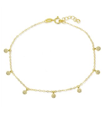 Cubic Zirconia Pav&eacute; 7 Mini Disc Drops Ankle Bracelet in Sterling Silver or 18K Gold-Plated Sterling Silver