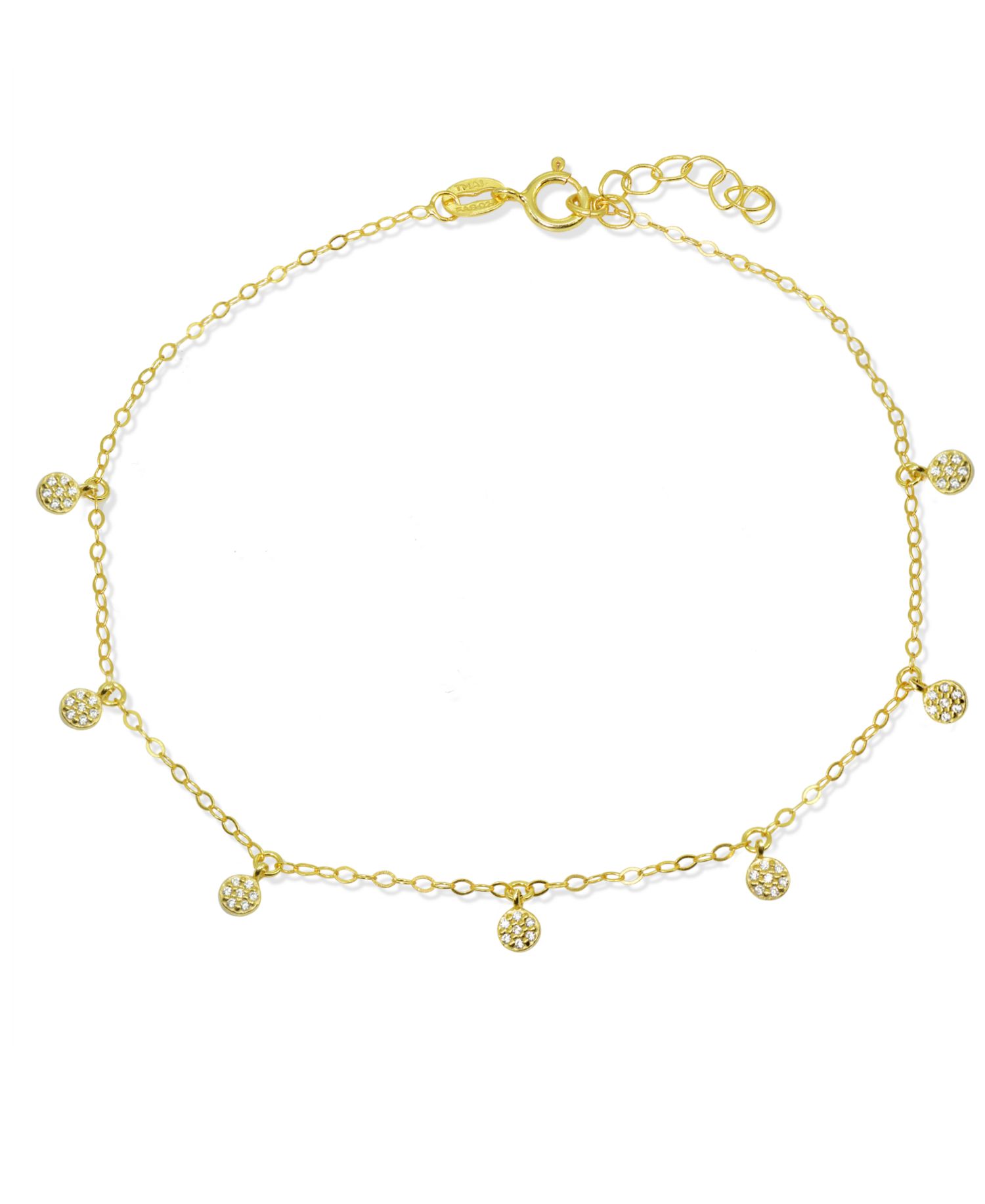 Cubic Zirconia Pav&eacute; 7 Mini Disc Drops Ankle Bracelet in Sterling Silver or 18K Gold-Plated Sterling Silver
