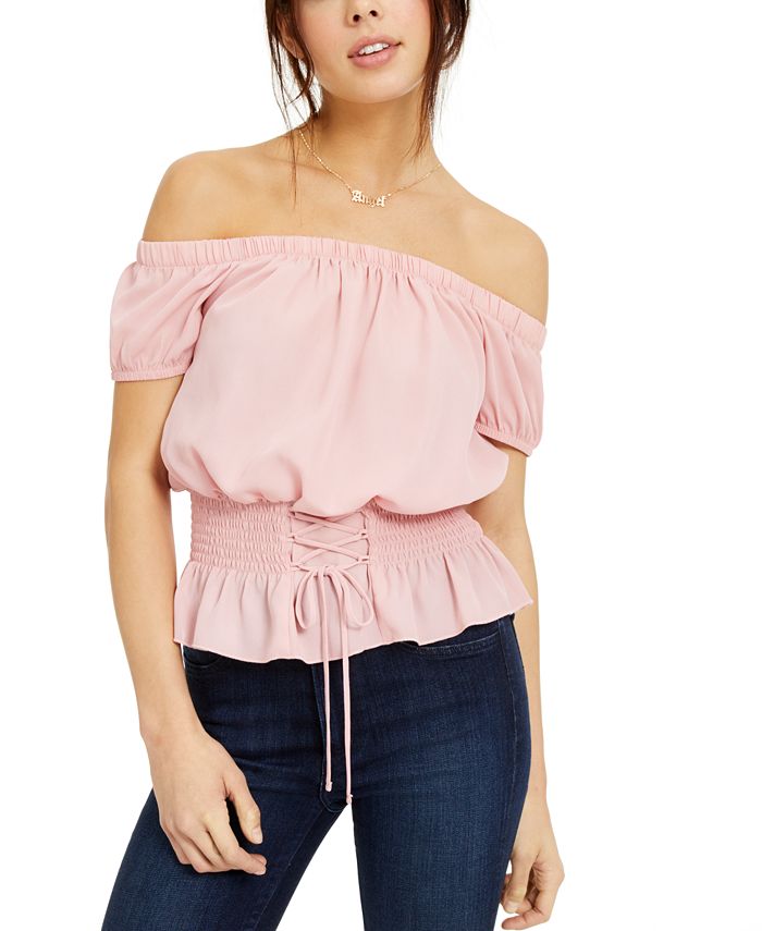 Ultra Flirt Juniors Smocked Lace Up Off The Shoulder Blouse Macy s